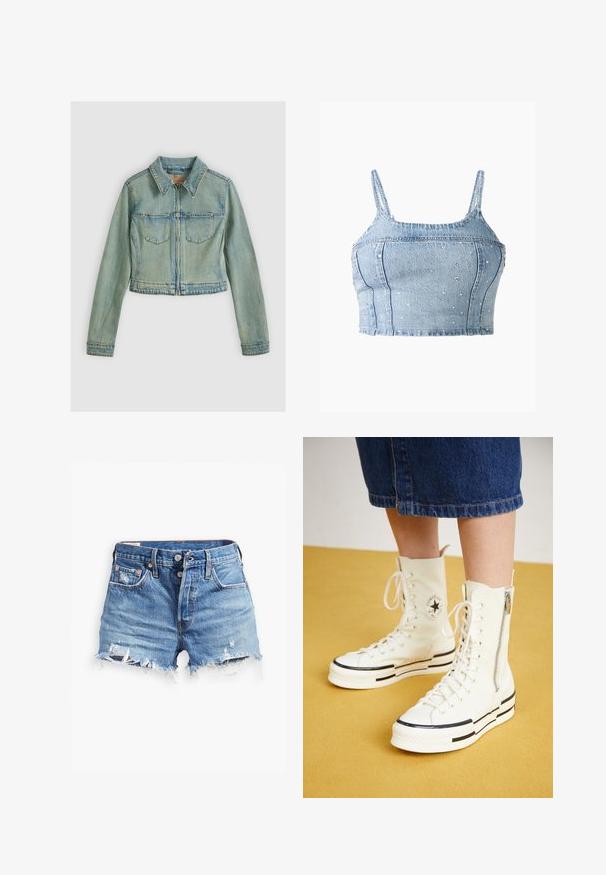 Veste en denim bleu clair avec fermeture éclair à l'avant, deux poches à rabat, manches longues et col classique, présentée sur un fond uni.; Top court en denim bleu clair avec fines bretelles, doté d'un design ajusté et orné de petites clous en argent sur toute sa surface.; Shorts en denim bleu clair avec des bords effilochés, taille haute, fermeture à bouton et deux poches avant ; des détails usés ajoutent de la texture.; Baskets montantes blanches avec une fermeture éclair, un design à lacets et des accents de rayures noires sur une semelle épaisse. Matériau en toile texturée.