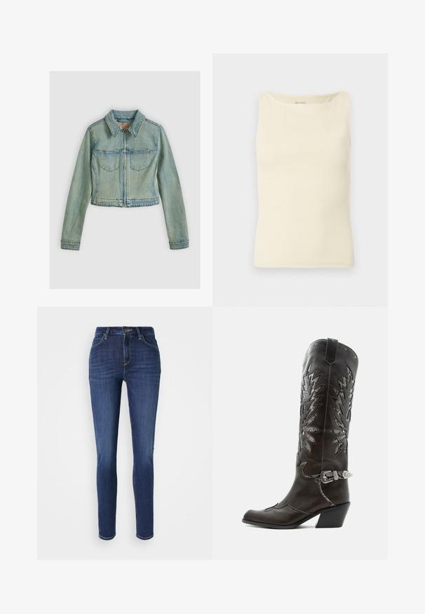 Veste en denim bleu clair avec fermeture éclair à l'avant, deux poches à rabat, manches longues et col classique, présentée sur un fond uni.; Débardeur crème clair en tissu côtelé, avec un décolleté carré et un design sans manches. Aucun logo ou motif visible.; Jean slim en denim bleu foncé avec un léger délavage. Présente cinq poches, des passants de ceinture et une fermeture à bouton à l'avant. Design standard à jambe droite.; Botte de cowboy en cuir noir avec découpes décoratives, boucle argentée et talon incliné, présentée sur fond blanc.