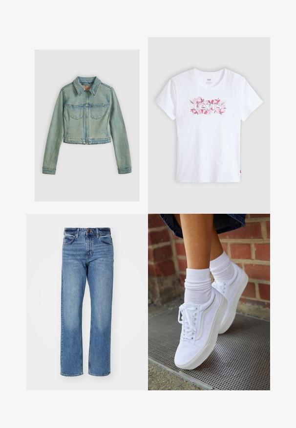 Chaqueta de mezclilla azul claro con cremallera frontal, dos bolsillos con solapa, mangas largas y un cuello clásico, mostrada sobre un fondo liso.; Camiseta blanca de algodón con un logo floral de "Levi's" en color rosa, con mangas cortas y cuello redondo. Textura suave, forma básica.; Vaqueros de pierna recta en azul claro, hechos de mezclilla. Cuentan con cinco bolsillos, un cierre clásico con botón y un ligero desgaste en toda la tela.; Zapatillas de lona blancas con suelas de goma, que presentan seis ojales, puntera redonda y detalles de costura ligera, combinadas con calcetines blancos hasta el tobillo.