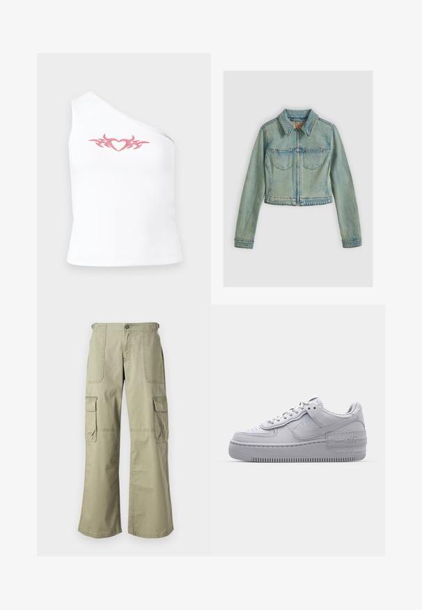 Lyseblå denimjakke med frontlynlås, to klaplommer, lange ærmer og klassisk krave, vist på en ensfarvet baggrund.; Asymmetrisk hvid ærmeløs top med et pink tribal hjerte-design over brystet; lavet af blødt, strækbart bomuldsstof.; Khaki cargo bukser med afslappet pasform, der har to sidelommer, en frontknaplukning og brede ben. Lavet af bomuldsstof med en glat tekstur.; Grå Nike Air Force 1 sneakers med perforeret tå, glat læderoverdel, tyk sål og præget 'AIR' detalje på hælen.