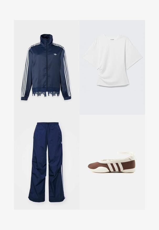 Tumesinine Adidas jooksmisjope valgete triipudega varrukatel, esikinnitus lukuga, kõrge kraega, elastsete mansettidega ja pitsäärega allosas.; Valge lühikeste varrukatega lahtine T-särk ümmarguse kaelusega, nähtav helehallil taustal.; Tumesinised, kergekaalulised püksid elastse vöökoha ja nööriga, millel on valged küljeribad ja väike logo ees. Lahtise lõikega.; Pruun ja valge baleriinjalanõu, millel on kolm valget triipu ja pahkluu paelaga lips, helel taustal.