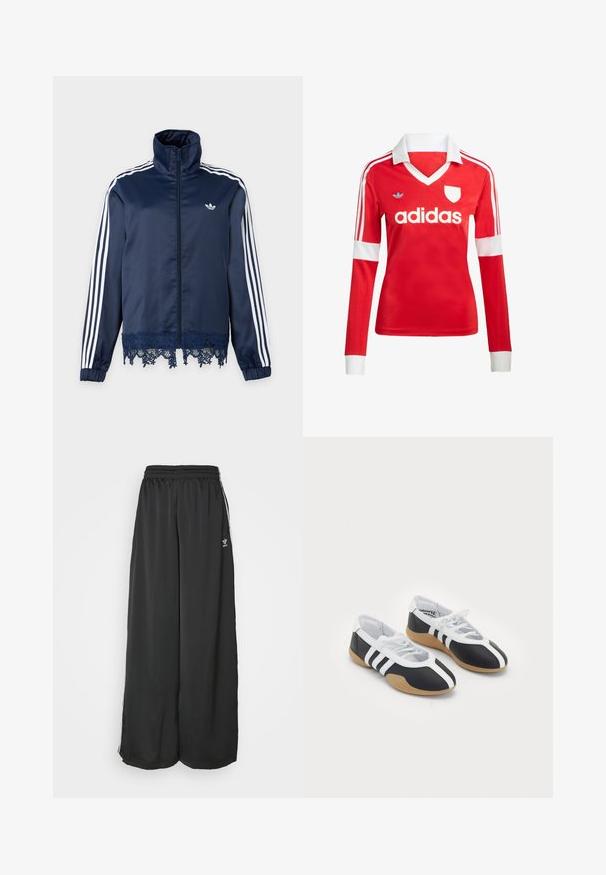 Σκούρο μπλε μπλουζάκι Adidas με λευκές ρίγες στα μανίκια, φερμουάρ μπροστά, ψηλό γιακά, ελαστικές μανσέτες και δαντελένιο τελείωμα στο τελείωμα.; Κόκκινη ποδοσφαιρική φανέλα με μακριά μανίκια, λευκό γιακά και μανσέτες. Διαθέτει τρεις λευκές ρίγες στους ώμους και το λογότυπο "adidas" εμφανώς τοποθετημένο.; Μαύρο αθλητικό παντελόνι σε χαλαρή γραμμή από λεία ύφανση. Διαθέτει ελαστική μέση και κάθετες ρίγες με λογότυπα.; Μαύρα και άσπρα αθλητικά παπούτσια με κομψό σχέδιο, ελαστική σόλα, κλείσιμο με κορδόνια και τρεις άσπρες ρίγες στα πλάγια.