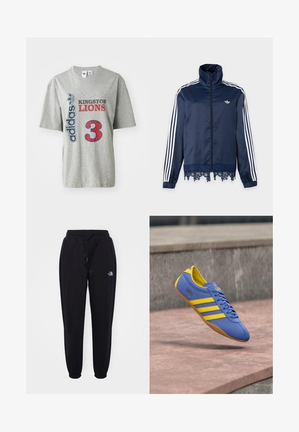 Tumesinine Adidas jooksmisjope valgete triipudega varrukatel, esikinnitus lukuga, kõrge kraega, elastsete mansettidega ja pitsäärega allosas.; Hallhallane puuvillane t-särk, millel on "adidas" logo, punase ja musta värviga "KINGSTON LIONS" tekst ning suur punane number "3" graafika ees. Lühikesed varrukad.; Mustad musta värvi jooksupüksid elastse vöökoha ja mansettidega, stringi sidumise võimalus, küljetaskud ja väike valge The North Face logo paremal reiel.; Sinine sünteetilisest nahast toss, kollaste detailidega, millel on kolm triipu, kummist tald ja ümar ninaosa. Paelaga kinnitatav disain.