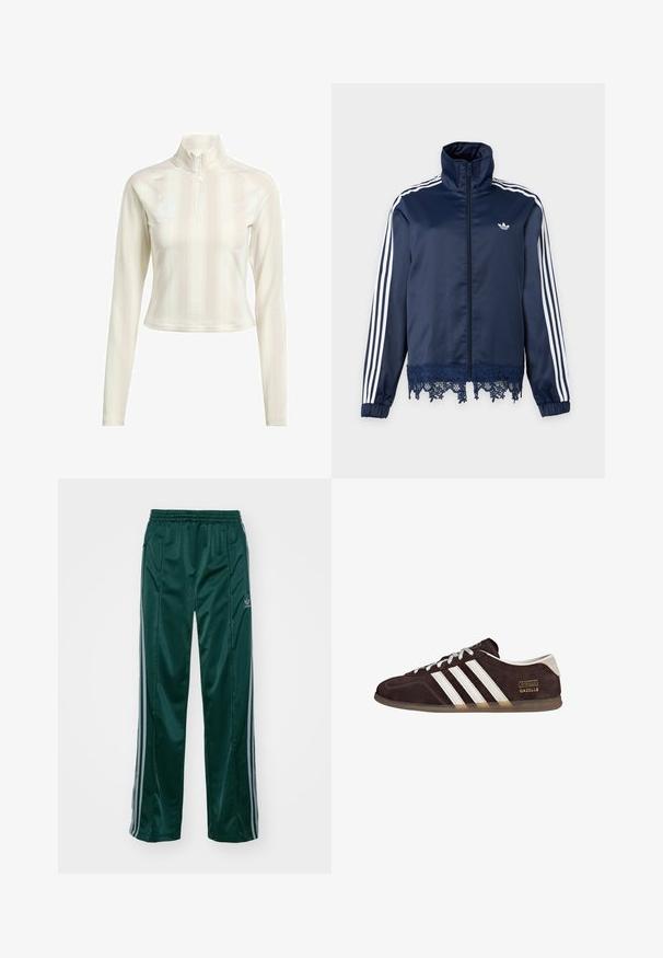 Marineblå Adidas træningsjakke med hvide striber på ærmerne, lynlås foran, høj krave, elastiske ærmer og blondekant ved kanten.; Hvid langærmet zip-up top med høj krave, der har subtile lodrette striber og logoaccenter på brystet og ærmet. Blødt stof.; Mørkegrønne træningsbukser lavet af skinnende materiale, med sidelister i lys grå og et broderet logo på venstre ben.; Brune ruskindssneakers med tre hvide striber, gummisål og tekstlabel med ordene "Gazelle" i guld. Snørebåndsdesign med grå snørebånd.