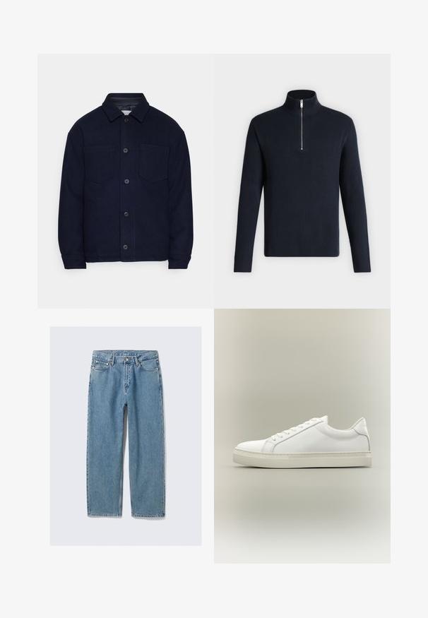 Marineblå uldjakke med knaplukning foran, to brystlommer og en nedfoldet krave. Glat tekstur og afslappet pasform med lange ærmer.; Marineblå ribstrikket sweater med lange ærmer og en høj krave med halv lynlås på en ensfarvet lys baggrund.; Lyseblå jeans med lige ben, forlommer, bæltestropper og knaplukning på ensfarvet baggrund.; Hvid lavtop sneaker med snørebånd foran og tyk sål, vist fra siden mod en neutral baggrund.