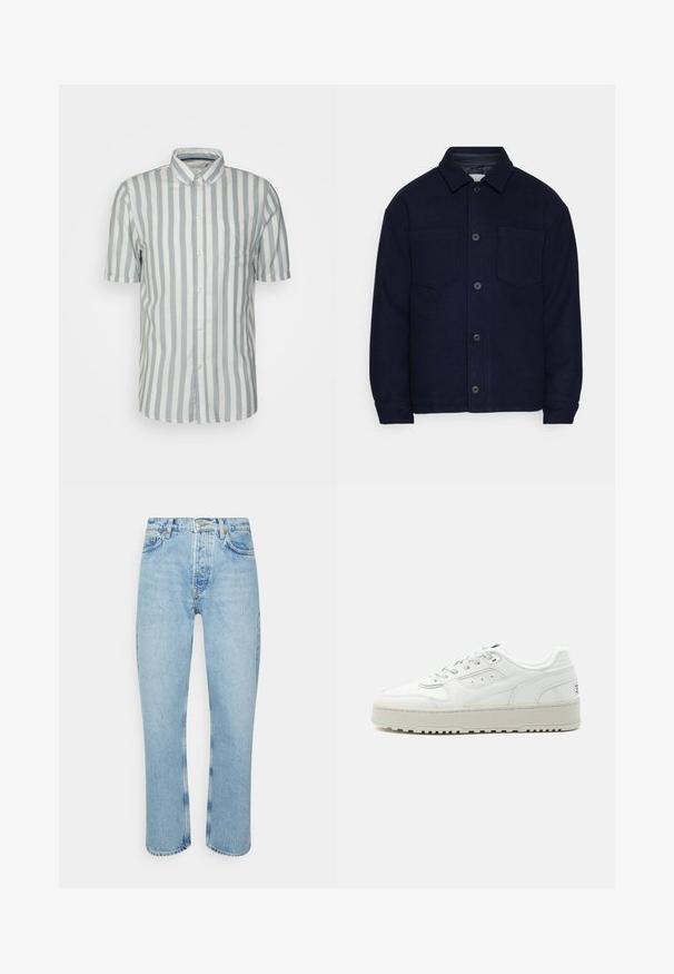 Navy wool jacket with a buttoned front, two chest pockets, and a fold-down collar. Smooth texture and relaxed fit with long sleeves.; Short-sleeve button-up shirt in light blue and white vertical stripes, cotton fabric, single chest pocket, classic collar, and rounded hem.; Light blue denim jeans with a straight cut, high waist, five-pocket design, and visible stitching details on the seams and hems.; White low-top sneaker with thick sole, lace-up front, perforated details, and padded collar on a plain light gray background.
