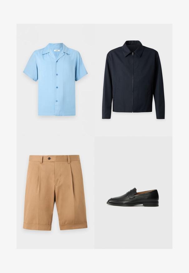 Veste noire pour homme à manches longues, col et fermeture éclair devant, design uni et poches latérales.; Chemise bleu clair à manches courtes avec col pointu, quatre boutons sur le devant et un ourlet droit.; Shorts sur mesure couleur beige jusqu’au genou, avec plis à l’avant, fermeture par boutons, passants de ceinture et revers aux ourlets sur fond uni.; Mocassin en cuir noir avec un bout arrondi, des coutures subtiles et un talon bas, présentant une texture lisse et un design minimaliste.
