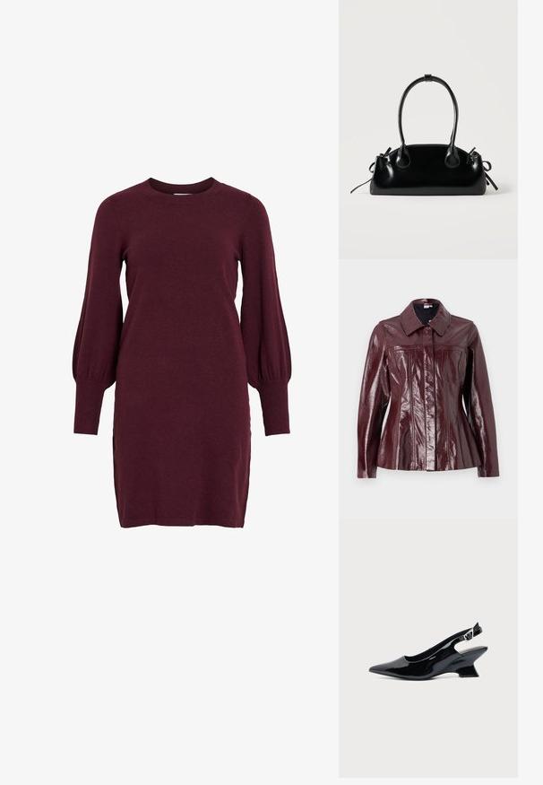 Vero Moda VMLOTTIE PEPLUM JACKET - Bunda z nepravej kože - winetasting; Vínová pletená šaty s dlhými balónovými rukávmi, okrúhlym výstrihom a ribbenými manžetami. Má priliehavý strih a bočné rázpory na dolnom okraji.; Čierna lakovaná slingback topánka so špicatou špičkou a nízkym šikmým blokovým opätkom na jednoduchom svetlom pozadí.; Malá čierna lesklá kabelka s dvoma dlhými rúčkami a bočnými šnúrkovými detailmi na jednoduchom svetlom pozadí.