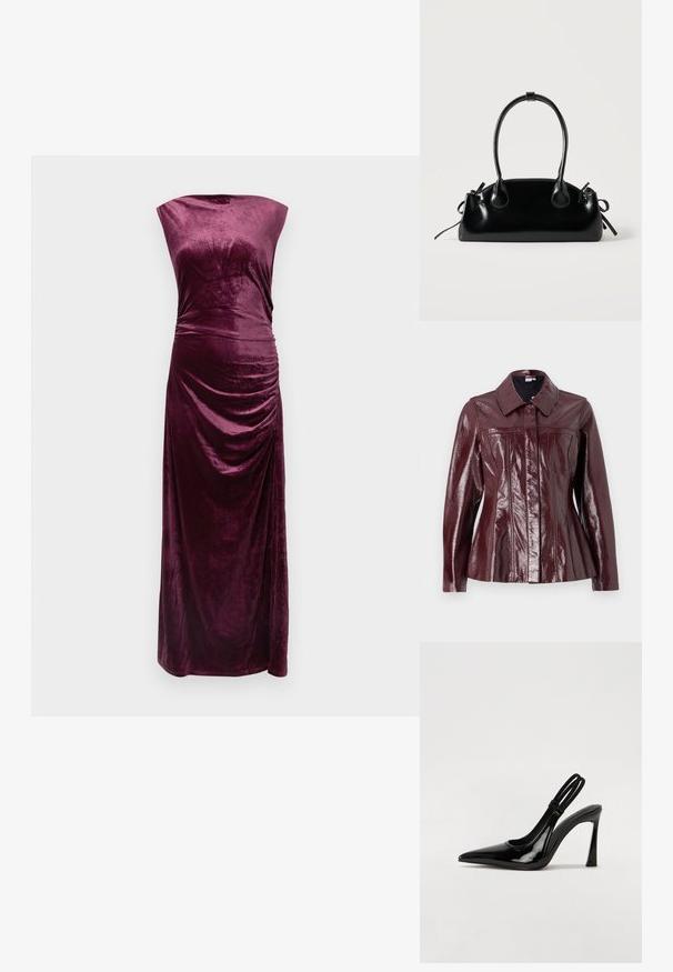 Vero Moda VMLOTTIE PEPLUM JACKET - Veste en similicuir - winetasting; Robe de soirée sans manches en velours violet foncé avec un col haut et un détail froncé sur le côté droit, longueur jusqu'au sol.; Escarpin en cuir verni noir à talon aiguille, à bout pointu, avec une sangle élastique double pour un maintien sécurisé. Surface lisse et brillante.; Petit sac à main noir brillant avec deux longues anses et des détails à cordon sur les côtés sur un fond clair uni.
