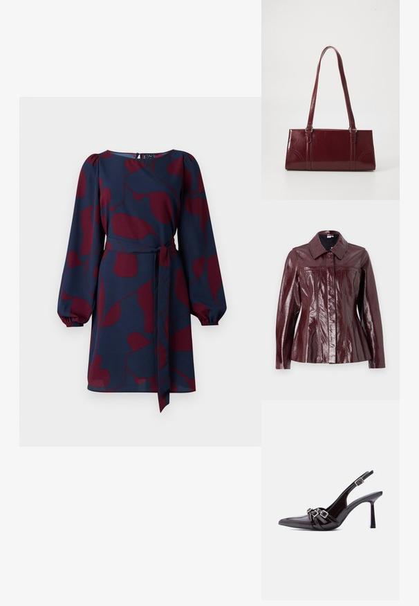 Vero Moda VMLOTTIE PEPLUM JACKET - Chaqueta de cuero sintético - winetasting; Vestido navy con patrón abstracto en color burdeos, mangas largas abullonadas, cintura ceñida con un lazo y escote redondo. Tejido suave y ligero.; Zapato de tacón alto tipo slingback de charol negro con punta afilada y tres correas decorativas con hebillas sobre la parte superior.; Bolso burdeos hecho de material brillante, de forma rectangular, con dos asas para el hombro y sutiles acentos curvados en la parte frontal.