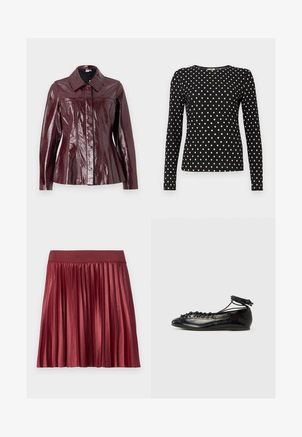 Vero Moda VMLOTTIE PEPLUM JACKET - Bunda z nepravej kože - winetasting; Čierny top s dlhým rukávom s bielymi bodkami, okrúhlym výstrihom a texturovanou látkou. Poskytuje priliehavý strih, vhodný na neformálne nosenie.; Záhybová sukňa vyrobená z lesklej burgundskej tkaniny s širokým elastickým pásom. Dĺžka je nad kolená a má vertikálne záhyby po celej ploche.; Čierne baleríny z lakovanej kože s okrúhlou špičkou, šnurovačkou a plochou podrážkou. Hladká textúra s minimálnymi detailmi.