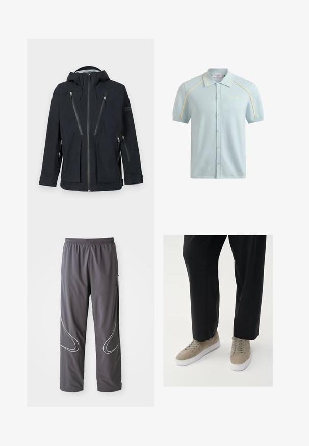 Sort hættejakke med flere lodrette lynlåslommer på brystet, armene og siderne, featuring justerbare håndledsremme og lynlåslukning foran.; Lyseblå kortærmet strikket polo med gult piping på skuldrene, knaplukning foran, ribstrikkede ærmekanter og broderet tekst på venstre bryst.; Herrernes grå sportbukser med elastisk linning, lynlåslommer og reflekterende hvide detaljer på siderne. Letvægtig, glat tekstur.; Lys grå ruskindsneakers med en hvid gummisål, der har runde snørebånd og et minimalistisk design, parret med sorte bukser.