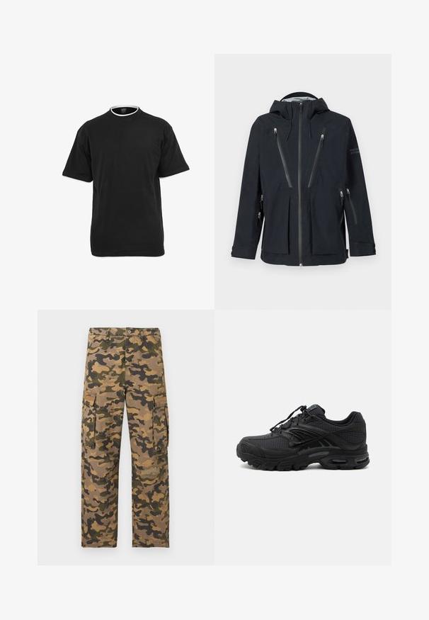 Sort hættejakke med flere lodrette lynlåslommer på brystet, armene og siderne, featuring justerbare håndledsremme og lynlåslukning foran.; Sort t-shirt med korte ærmer og rund hals, med hvid kant på krave og ærmekanter, vist mod en hvid baggrund.; Cargo-bukser i camouflage mønster med nuancer af grøn og brun, med sidelommer og en slidt detalje på knæet.; Sort atletisk sneaker med tekstureret stof, tyk polstret sål, luftventiler og snørelukning, vist fra siden på en lys baggrund.