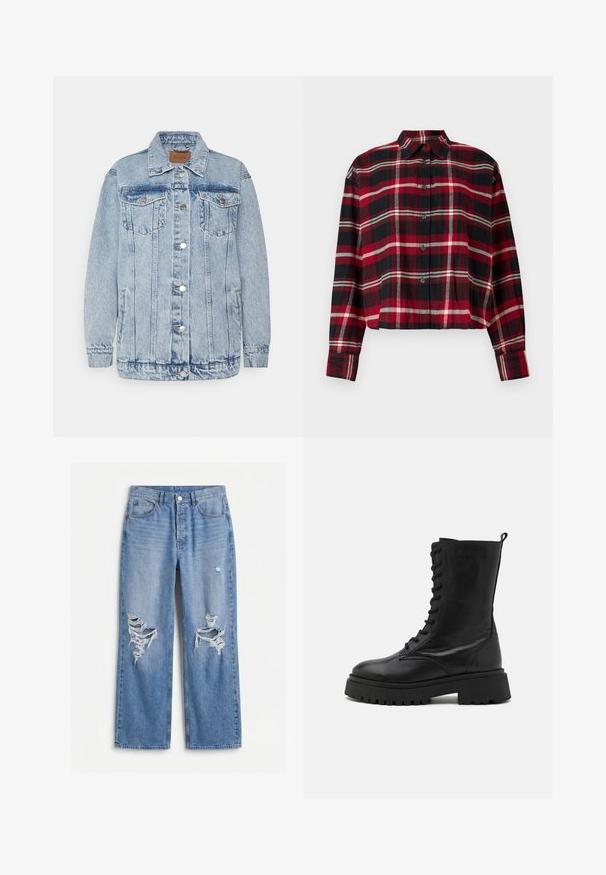 Lichtblauwe denimjas met een knoopsluiting aan de voorkant, twee borstzakken en zijzakken. Voorzien van een klassieke kraag en gestikte details.; Korte geruite blouse met zwart, rood en wit. Voorzien van knopen, een kraag en lange mouwen. Gemaakt van geweven stof.; Lichtblauwe rechtvallende spijkerbroek met hoge taille, voor- en achterzakken, en versleten scheuren op beide knieën.; Zwarte leren combatboot met vetersluiting aan de voorkant, ronde neus, stevige zool en een trekhaak aan de achterkant. Gestructureerde afwerking en robuuste constructie.