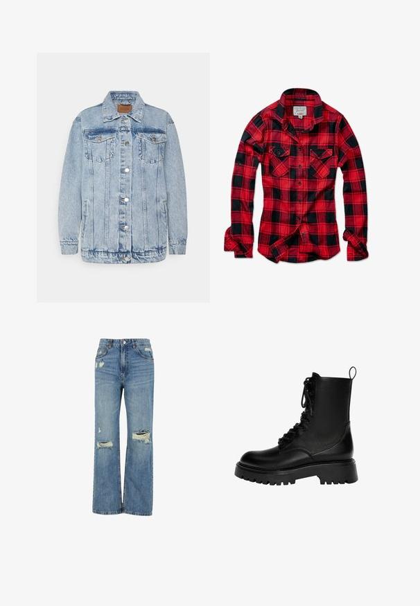 Lichtblauwe denimjas met een knoopsluiting aan de voorkant, twee borstzakken en zijzakken. Voorzien van een klassieke kraag en gestikte details.; Rood en zwart geblokt flanellen shirt met lange mouwen, twee borstzakken, spitse kraag en knoopsluiting aan de voorkant. Zachte stofstructuur.; Lichtblauwe denim jeans met een hoge taille, wijde pasvorm, verwaschte scheuren bij de knieën en een klassieke vijf-pocketontwerp.; Zwarte veterschoenen enkelboots van synthetisch leer, met een chunky zool, een trekhaak en uitgesproken stiksels.