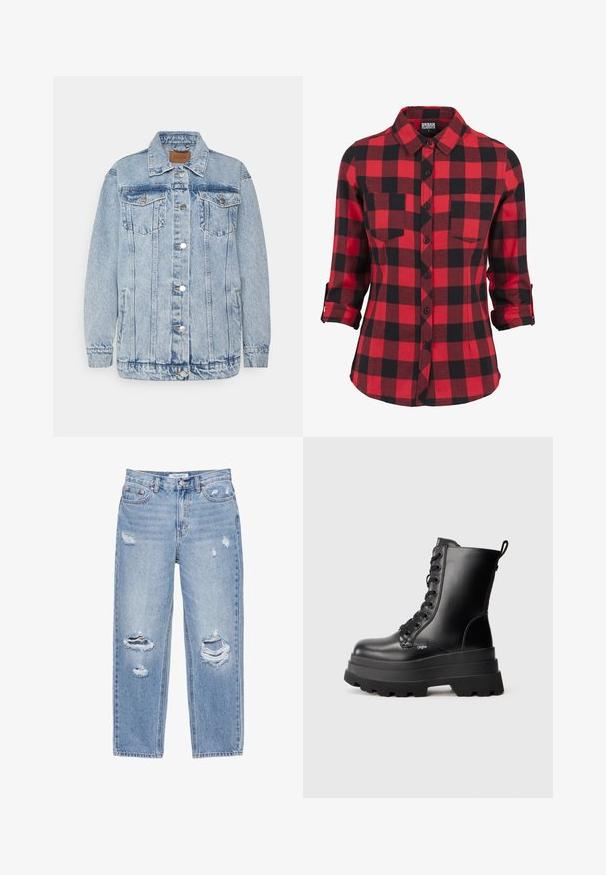 Veste en denim bleu clair avec une fermeture à boutons, deux poches poitrine et des poches latérales. Présente un col classique et des détails en surpiqûres.; Chemise en flanelle à carreaux rouge et noir, manches longues avec poignets retroussés, col pointu, deux poches poitrine, devant à boutons, texture douce.; Jean droit bleu clair avec des trous usés sur les deux jambes, style cinq poches, et fermeture par bouton à la taille.; Bottines noires à lacets avec une semelle en plate-forme épaisse, finition en cuir lisse et tirant. Comprend huit œillets et une semelle texturée.
