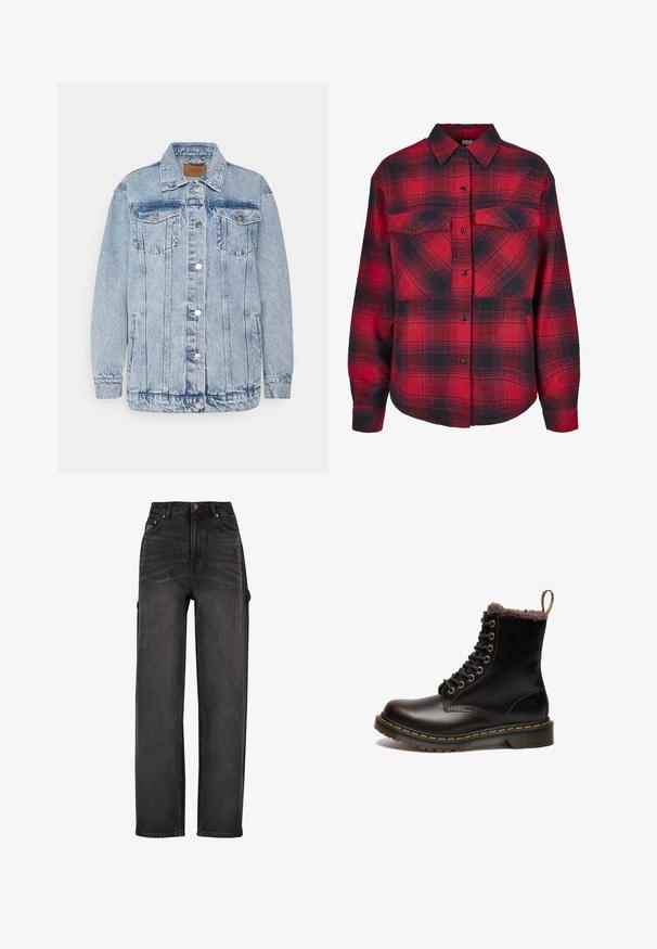 Lyseblå denimjakke med knaplukning foran, to brystlommer og sidelommer. Har klassisk krave og syningsdetaljer.; Rød og sort ternet flannel skjorte med knaplukning foran, to brystlommer og lange ærmer med knapmanchetter. Teksturere stof.; Højtaljede cargo jeans i sort denim med vid ben-design, sidelommer og subtile falmning detaljer. Holdbart stof og kontraststik.; Sort læder ankelstøvle med pelsfor, rund tå, snøre foran, gyldne øjer og gul syning langs sålen og kanten.