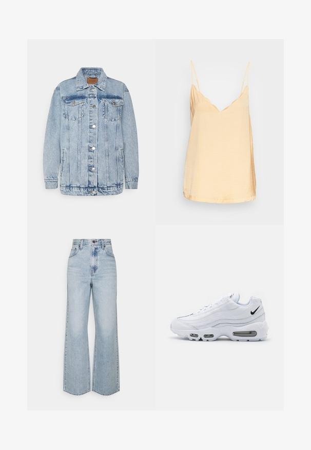 Helle blaue Denimjacke mit einer Knopfleiste, zwei Brusttaschen und Seitentaschen. Mit klassischem Kragen und gesteppten Details.; ONLY ONLDEBBIE SINGLET NOOS WVN - Top - straw; Helle blaue Jeans im weiten Schnitt mit hoher Taille, klassischem Fünf-Taschen-Design und kontrastierenden Nähten. Unfinished Saum am unteren Ende.; Nike Sportswear AIR MAX 95 - Sneaker low - white/black