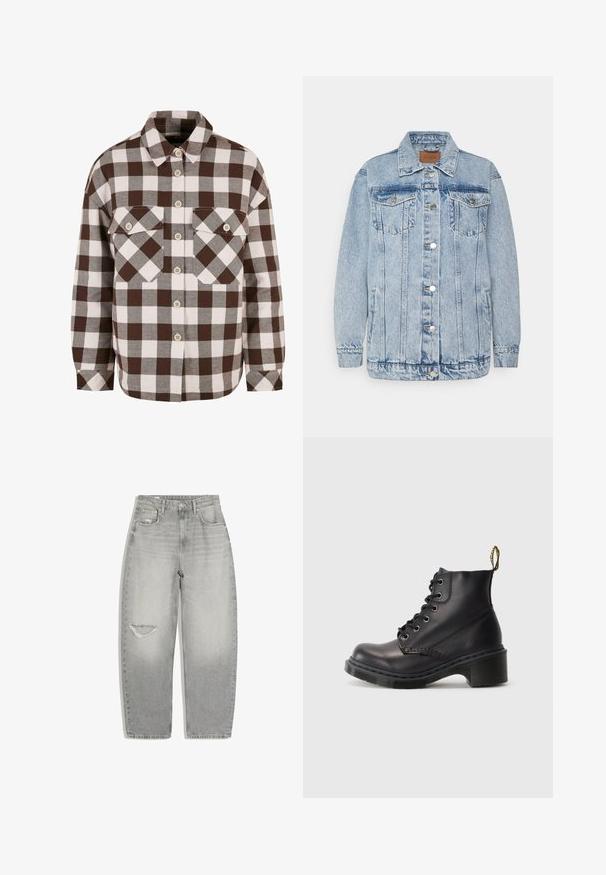 Veste en denim bleu clair avec une fermeture à boutons, deux poches poitrine et des poches latérales. Présente un col classique et des détails en surpiqûres.; Chemise à carreaux marron et blanc avec deux poches poitrine, dotée d'un col classique et d'une fermeture à boutons sur le devant. Texture de tissu douce.; Jean gris clair taille haute avec fermeture par bouton et fermeture éclair, poches avant et déchirure usée sur la cuisse gauche.; Bottines en cuir noir avec un bout arrondi, un design à lacets et un talon en caoutchouc texturé. Dispose d'une boucle jaune à l'arrière pour un enfilage facile.