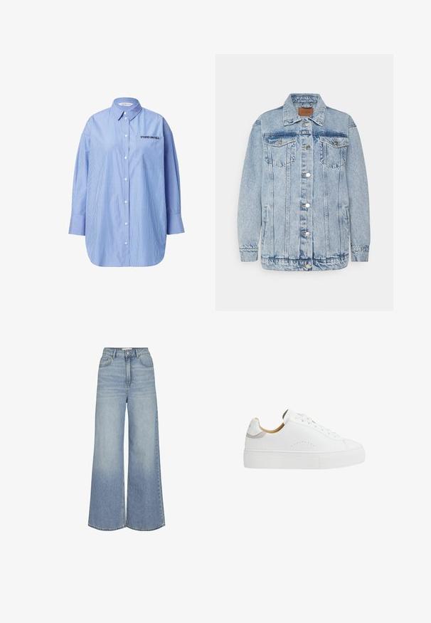 Helle blaue Denimjacke mit einer Knopfleiste, zwei Brusttaschen und Seitentaschen. Mit klassischem Kragen und gesteppten Details.; Gestreifte blaue Button-up-Bluse mit einer Tasche, die den Text "STUDIO UNTOLD" zeigt, klassischem Kragen und langen Ärmeln.; Helle blaue weite Jeans aus Denim, mit hoher Taille, Fronttaschen und einem subtilen Verblassungsmuster. Der Saum ist unversäubert.; Weißer Low-Top-Sneaker mit dicker Gummisohle, weißen Schnürsenkeln, kleinem perforiertem Detail an der Seite und beigem Innenfutter.