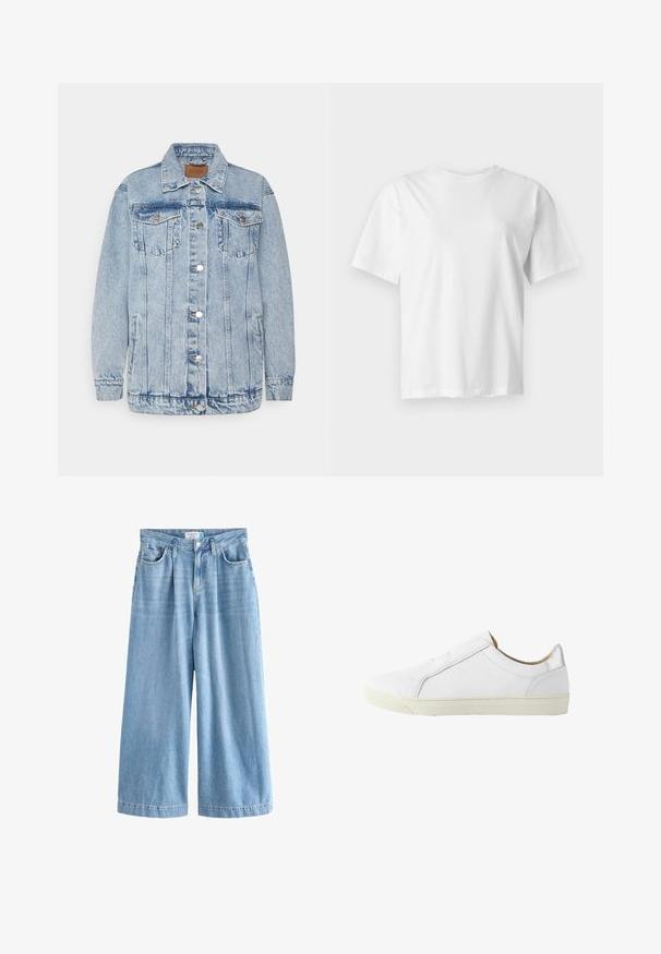 Lyseblå denimjakke med knaplukning foran, to brystlommer og sidelommer. Har klassisk krave og syningsdetaljer.; Hvid kortærmet rundhalset t-shirt vist fladt på en lys grå baggrund.; Lyseblå denim palazzo jeans med brede ben, der har høj talje, frontlommer og knaplukning. Diskret falmet tekstur.; Hvid lavtop læder-sneaker med lynlås på siden, beige inderforet og off-white gummisål, vist fra ydersiden.