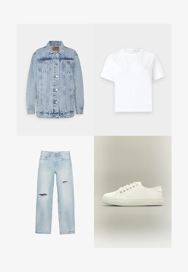 Veste en denim bleu clair avec une fermeture à boutons, deux poches poitrine et des poches latérales. Présente un col classique et des détails en surpiqûres.; T-shirt blanc uni en coton à manches courtes, col rond et ourlet droit, présenté sur fond blanc.; Jean droit bleu clair avec des déchirures usées sur la cuisse droite, le genou gauche et près des ourlets inférieurs.; Baskets basses blanches avec lacets blancs et semelle en caoutchouc, vues de côté sur un fond neutre.