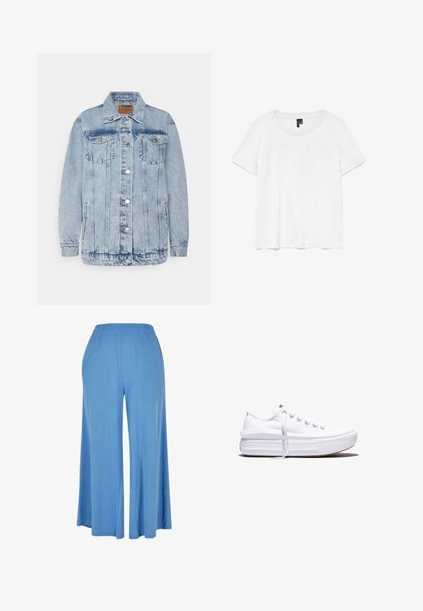 Lichtblauwe denimjas met een knoopsluiting aan de voorkant, twee borstzakken en zijzakken. Voorzien van een klassieke kraag en gestikte details.; Witte t-shirt met korte mouwen en een ronde hals, gemaakt van lichte stof. Eenvoudig ontwerp, gladde textuur en rechte zoom.; Lichtblauwe wijde broek van zacht materiaal, met een elastische tailleband en een losse pasvorm die tot halverwege de kuit reikt.; Witte lage canvas sneaker met dikke plateauzool, veters aan de voorkant en rubberen toeskap met structuur, zijaanzicht.