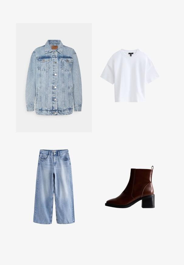 Lyseblå denimjakke med knaplukning foran, to brystlommer og sidelommer. Har klassisk krave og syningsdetaljer.; Simpel hvid kortærmet crop top med rund halsudskæring og sort mærke indeni kraven.; Lyseblå vidde jeans med frontknapper og lynlås, bæltestropper og fem-lomme design, lagt fladt på hvid baggrund.; Brun læder ankelstøvle med firkantet tå og sidesøm, en 7,5 cm stablet hæl og en trækflap bagpå for nem påtagning.