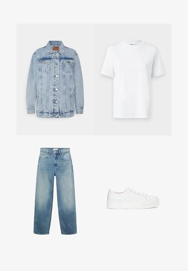 Helle blaue Denimjacke mit einer Knopfleiste, zwei Brusttaschen und Seitentaschen. Mit klassischem Kragen und gesteppten Details.; Weißes Baumwoll-T-Shirt mit Rundhalsausschnitt, kurzärmlig und mit glatter Textur. Entworfen mit einer lockeren Passform für Komfort und Vielseitigkeit.; Helle blaue Denim-Jeans im weiten Schnitt mit hoher Taille, fünf Taschen und einem Knopfverschluss. Ausgebleichtes Muster am unteren Ende.; Weiße Leder-sneaker mit glatter Oberfläche, runder Zehenform und flacher Sohle. Verfügt über eine Schnürung und dezente Nähdetails.