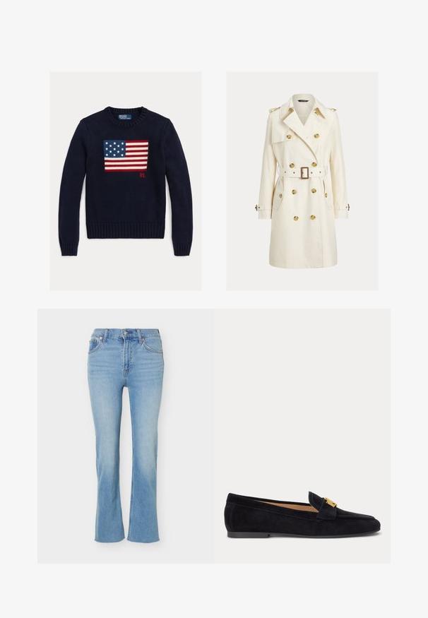 Doppelreihiger Trenchcoat aus cremefarbenem Stoff, mit goldenen Knöpfen, passendem Gürtel und Schulterklappen. Lange Ärmel und Seitentaschen.; Marineblauer Strickpullover mit einem strukturierten Motiv der amerikanischen Flagge in Rot, Weiß und Blau. Gerippte Bündchen und Saum, mit "RL"-Logo nahe dem Saum.; Hellblaue Jeans mit hoher Taille, Knopf- und Reißverschluss, Vordertaschen und leicht ausgestellten Hosenbeinen.; Schwarzer Wildleder-Flachslipper mit niedrigem Absatz und goldener dekorativer Schnalle am Obermaterial, Seitenansicht auf hellem einfarbigem Hintergrund.