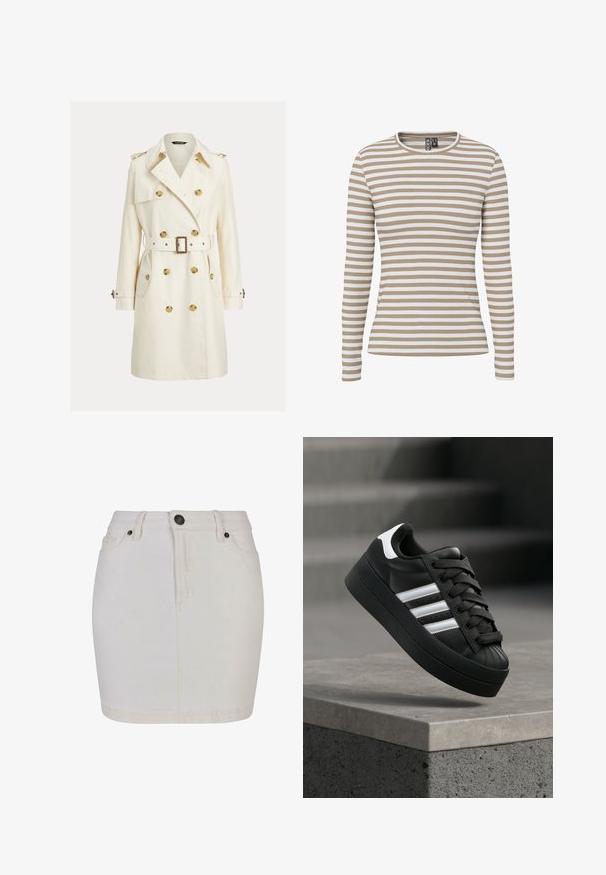 Trench-coat croisé en tissu crème, doté de boutons dorés, ceinture assortie et pattes d'épaule. Manches longues et poches latérales.; T-shirt à manches longues beige et blanc à rayures horizontales, col rond, texture côtelée et silhouette ajustée.; Mini-jupe en denim blanc taille haute avec bouton et fermeture éclair à l'avant, passants de ceinture et deux poches avant.; Baskets noires avec des bandes blanches et des lacets, positionnées en l'air au-dessus d'un rebord en béton gris sur un fond flou.