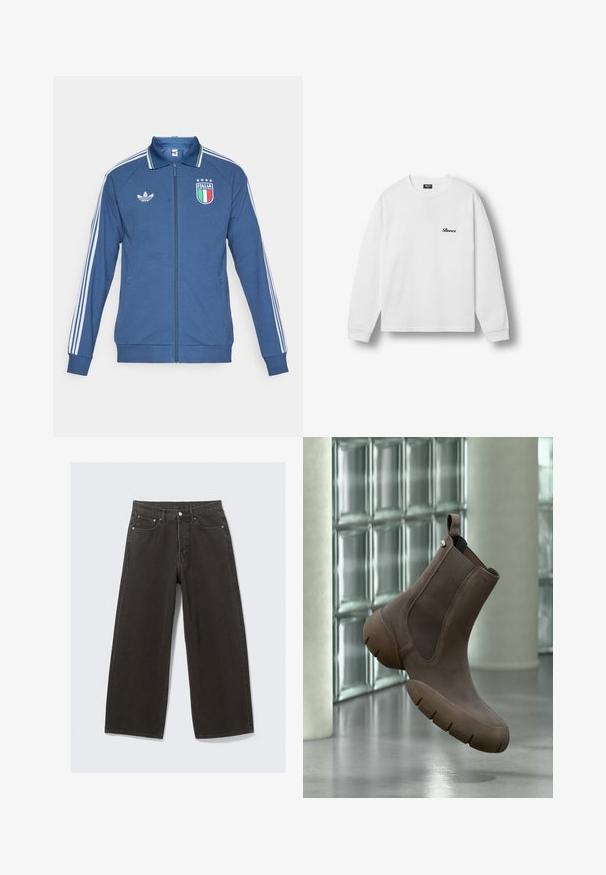 Veste de sport bleue avec un design à trois bandes blanches sur les manches, dotée d'une fermeture éclair frontale, de poignets côtelés, et d'un badge Italie embossé.; T-shirt blanc à manches longues et col rond avec logo noir cursif "Buroco" sur la poitrine gauche, présenté sur un fond clair uni.; Des jeans en denim noir à jambe large présentent une taille haute, un design à cinq poches et une fermeture à bouton. Le tissu a une finition douce et texturée.; Bottine marron à semelle épaisse et panneaux latéraux élastiques flottant au-dessus d'un sol en béton brillant près d'un mur en blocs de verre.