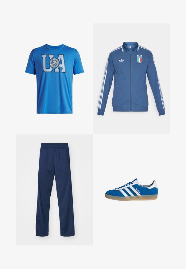 Blå atletisk jakke med hvidt trestribet design på ærmerne, med lynlås foran, ribstrikkede manchetter og en præget Italia-badge.; Blå bomulds t-shirt med store "UA" bogstaver og et cirkulært mærke design nedenunder. Korte ærmer og rund halsudskæring. Glat tekstur.; Mørkeblå træningsbukser med elastisk talje, fremhævet af hvide sideløbninger og et logo på venstre lår.; Blå og hvide Adidas Gazelle sneaker med gummisål og tre hvide striber, set fra siden på en hvid baggrund.