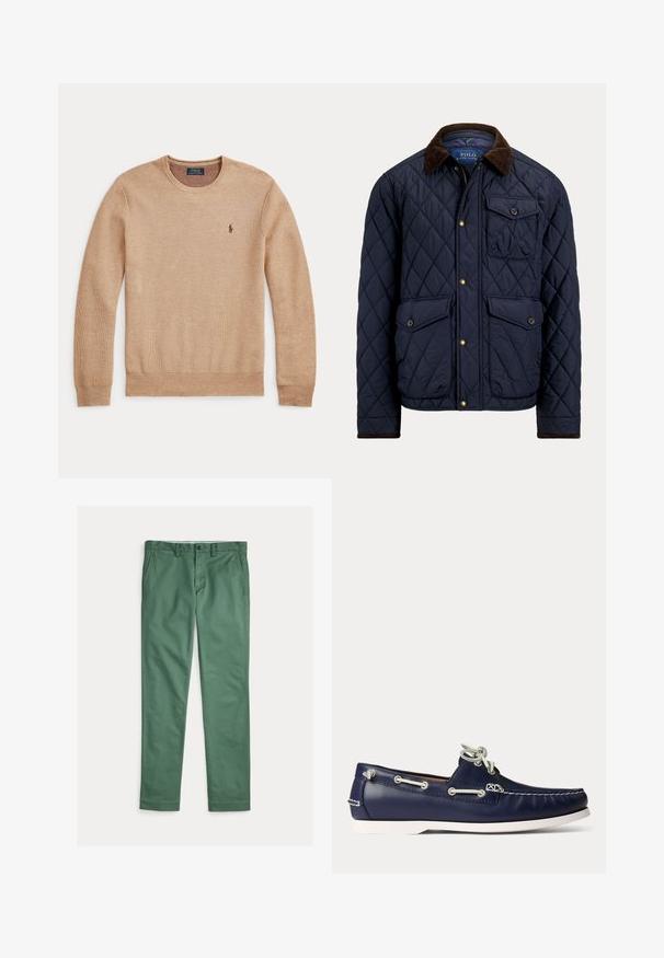 Marineblauwe doorgestikte jas met een bruine corduroy kraag, voorrits en knopen, twee klepzakken met knoop en één borstzak met knoop.; Beige gebreide trui met lange mouwen, een ronde hals en een klein donker geborduurd Polo Ralph Lauren-logo op de linkerborst.; Groene rechte herenbroek met voorzakken, riemlussen en knoopsluiting, plat uitgespreid op een witte achtergrond.; Marineblauwe leren boot schoen met witte veters en stiksels, voorzien van een witte rubberen zool en metalen veteroogjes op een lichte achtergrond.