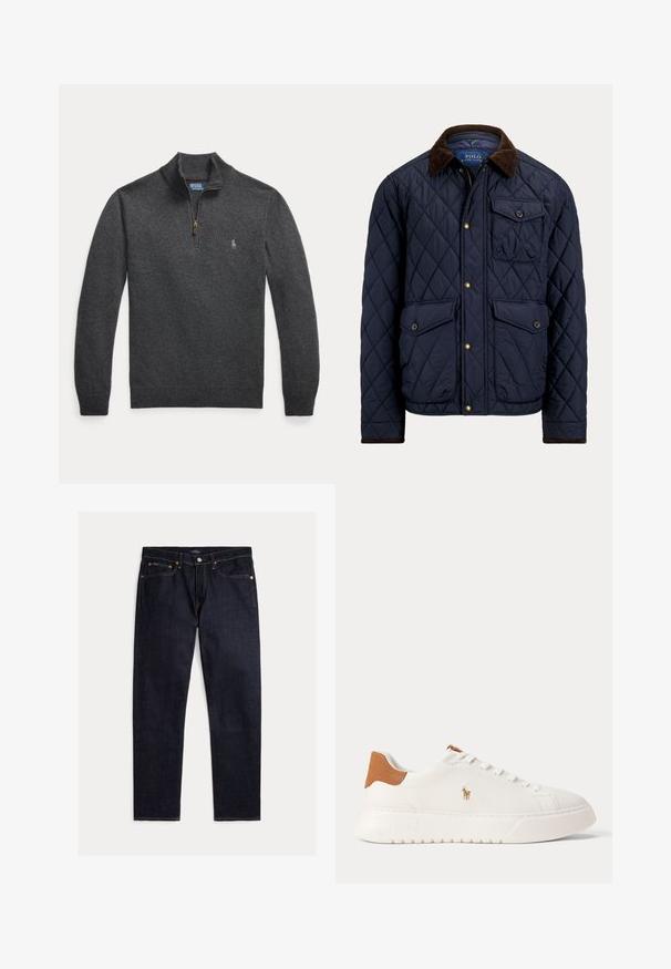 Marineblaue gesteppte Jacke mit braunem Cordkragen, vorderem Reißverschluss und Knöpfen, zwei mit Knopf verschließbaren Patentaschen und einer Brusttasche mit Knopf.; Dunkelgrauer Langarmpullover mit Viertel-Reißverschluss und kleinem gestickten Logo auf der linken Brust.; Dunkel indigoblaue Jeans mit geradem Bein, fünf Taschen, Knopf- und Reißverschluss und kontrastierenden orangen Nähten auf einfarbigem Hintergrund.; Weißer Sneaker mit niedrigem Schaft, beige Fersenlasche, weißen Schnürsenkeln und kleinem, besticktem Polospieler-Logo an der Seite über einer dicken Sohle.
