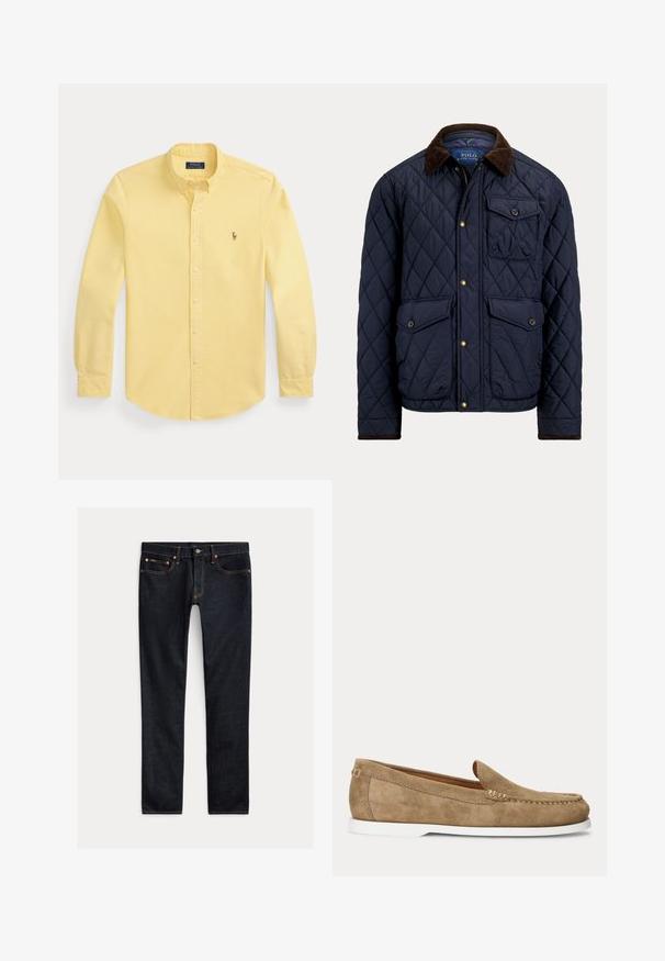 Marineblaue gesteppte Jacke mit braunem Cordkragen, vorderem Reißverschluss und Knöpfen, zwei mit Knopf verschließbaren Patentaschen und einer Brusttasche mit Knopf.; Gelbes langärmliges Hemd mit Knöpfen und Kragen sowie kleinem besticktem Logo auf der linken Brust, flach auf weißem Hintergrund gelegt.; Dunkelblaue Slim-Fit-Jeans mit fünf Taschen, Knopfverschluss und Kontrastnähten, flach auf hellem Hintergrund ausgelegt.; Hellbrauner Wildleder-Mokassin im Mokassin-Stil mit weißer Sohle und sichtbarer Naht entlang der Vorderseite und Seiten, seitlich gezeigt.