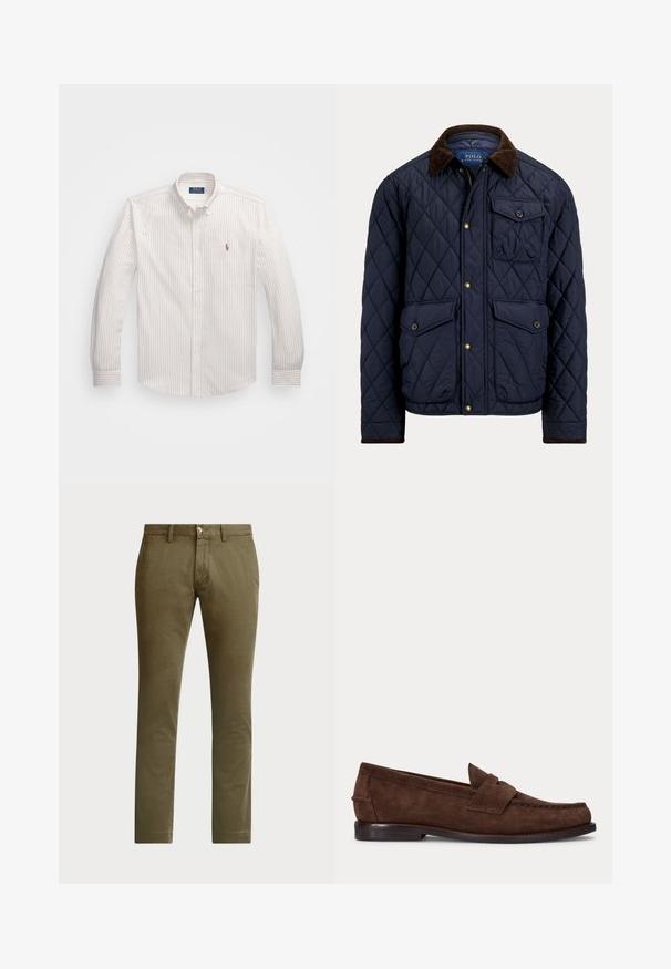 Marineblauwe doorgestikte jas met een bruine corduroy kraag, voorrits en knopen, twee klepzakken met knoop en één borstzak met knoop.; Witte button-up blouse met dunne verticale strepen in lichtbeige. Heeft een klassieke kraag, lange mouwen en een klein geborduurd logo op de borst.; Polo Ralph Lauren BEDFORD STRETCH SLIM FIT CHINO PANT - Chino - canopy olive; Bruine suède penny loafer met lage hak en zichtbare stiksels langs de neus, zijkant en achterkant, weergegeven op een effen lichte achtergrond.