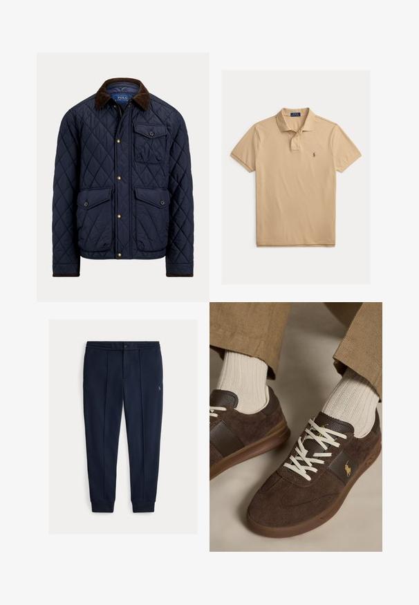 Marineblaue gesteppte Jacke mit braunem Cordkragen, vorderem Reißverschluss und Knöpfen, zwei mit Knopf verschließbaren Patentaschen und einer Brusttasche mit Knopf.; Beiges kurzärmeliges Poloshirt mit Zwei-Knopf-Blende und kleinem gesticktem Logo auf der linken Brust.; Marineblaue Jogginghosen aus weichem Stoff mit Knopfverschluss, zwei vorderen Falten und gerippten Bündchen. Aufgesticktes Logo am Bein.; Braune Veloursleder-Sneaker mit weißen Schnürsenkeln, getragen mit beigen gerippten Socken und hellbraunen Hosen.