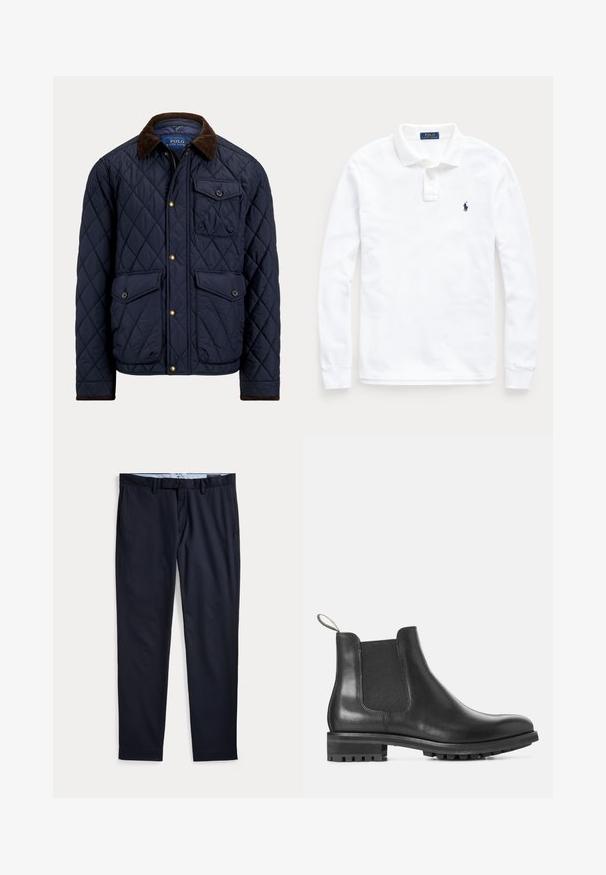 Chaqueta acolchada azul marino con cuello de pana marrón, cremallera y botones frontales, dos bolsillos con solapa y botón, y un bolsillo en el pecho con botón.; Polo blanco de manga larga con cuello, tapeta con dos botones y pequeño logo bordado en azul marino en forma de caballo en el pecho izquierdo.; Pantalones de vestir azul marino para hombre con trabillas para cinturón, bragueta con cremallera y bolsillos laterales, extendidos planos sobre un fondo blanco.; Botín Chelsea negro de cuero con panel lateral elástico, puntera redondeada y suela de goma con un dibujo texturizado para mayor agarre.