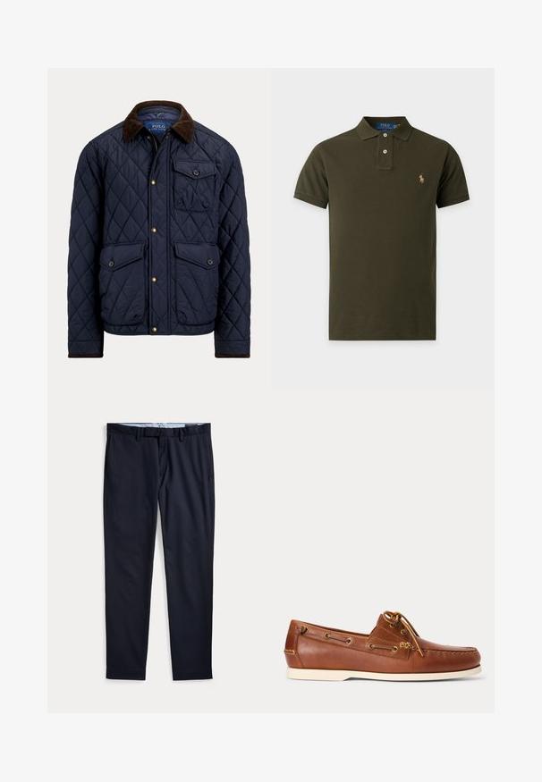 Veste matelassée bleu marine avec col en velours côtelé marron, fermeture éclair et boutons sur le devant, deux poches à rabat boutonnées et une poche poitrine avec bouton.; Polo vert foncé à manches courtes avec deux boutons et un petit logo brodé sur le côté gauche de la poitrine.; Pantalon habillé bleu marine pour homme avec passants de ceinture, braguette zippée et poches latérales, posé à plat sur fond blanc.; Chaussure bateau en cuir marron avec semelle blanche, lacet noué sur le dessus, et œillets métalliques le long des côtés et de la couture avant.