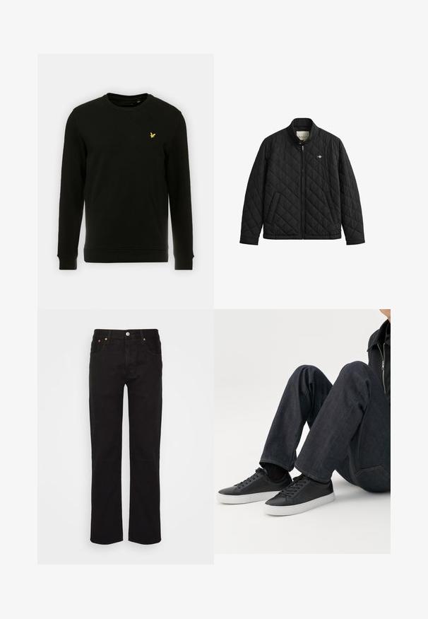 Schwarze, gesteppte Jacke mit Stehkragen, Reißverschluss, zwei Seitentaschen und einem dezenten Logo auf der Brust. Hergestellt aus einem glatten, leichten Material.; Schwarzer Sweatshirt aus Baumwolle mit langen Ärmeln und einem Rundhalsausschnitt. Auffälliges gelbes Vogel-Logo auf der linken Brust. Angenehme, glatte Textur.; Schwarze gerade geschnittene Jeans aus Baumwolle. Verfügt über fünf Taschen, einen Metallknopf und orangefarbene Nähte an der Vorderseite.; Person sitzt mit angewinkelten Beinen, trägt dunkelblaue Jeans und schwarze Low-Top-Sneaker mit weißen Sohlen auf weißem Hintergrund.