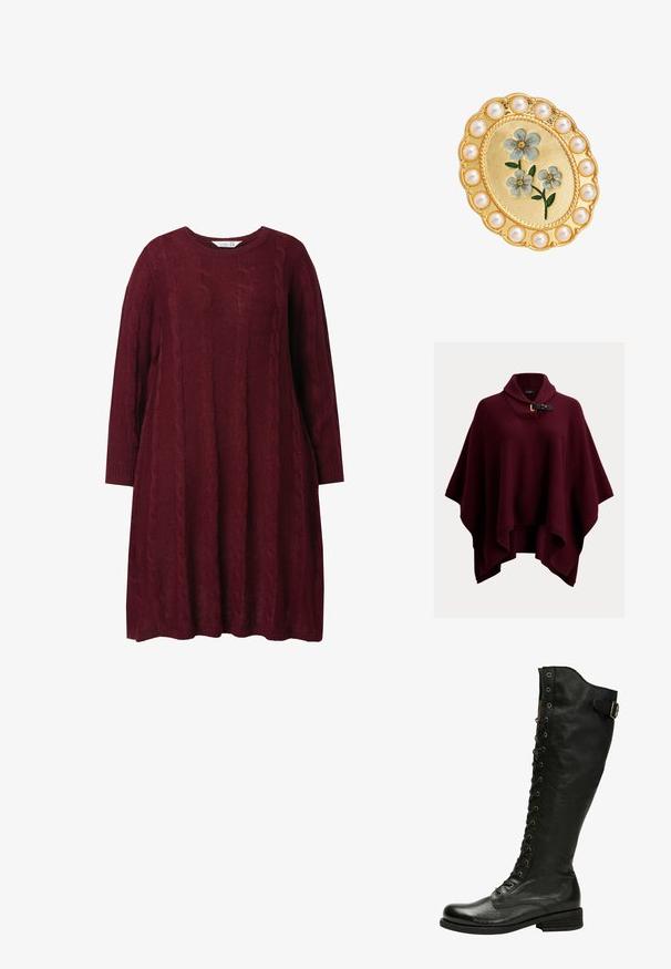 Bourgognefarvet strikket poncho med høj krave, der har en sort læderrem og en guldfarvet spænde, samt et løst, flydende design.; Bordeaux strikket kjole med rund halsudskæring, lange ærmer og kabelstrik mønster. Løs pasform med ribbestrikkede manchetter og kant.; Sorte læder knæhøje støvler med snørebånd foran, sølvøjer og sidebælte. Har en tekstureret overflade og stablet hæl.; Guld ovalt broche med blå emalje blomster i midten, omgivet af en kant af runde hvide perler.