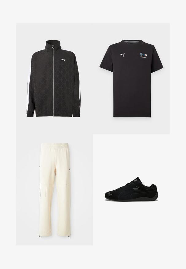 Chaqueta negra con cremallera completa y sutil patrón geométrico, logo blanco de Puma en el pecho y rayas blancas a lo largo de las mangas.; Camiseta negra de manga corta con el logo de Puma en el lado izquierdo del pecho y el logo de BMW Motorsport en el lado derecho del pecho.; Pantalones de chándal de color beige claro, hechos de un tejido suave. Presentan un logo negro, bolsillos laterales con cremalleras y un corte relajado.; Zapatillas deportivas de ante negro con un perfil bajo. Presentan un diseño texturizado, suela de goma negra y acentos del logo plateado de Puma.
