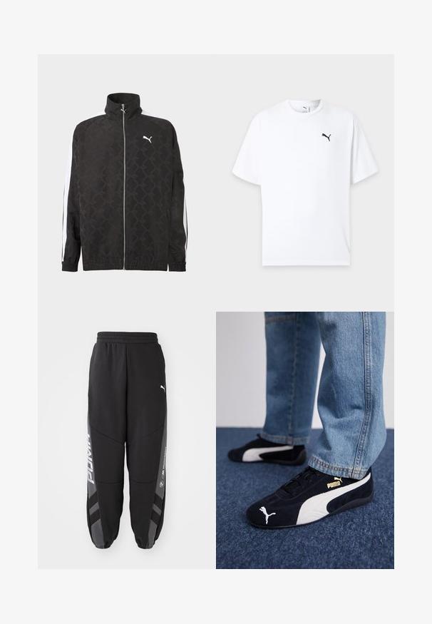 Veste noire à fermeture éclair intégrale avec un motif géométrique subtil, logo Puma blanc sur la poitrine, et des rayures blanches courant le long des manches.; T-shirt blanc à manches courtes col rond avec un petit logo Puma noir sur la poitrine gauche sur un fond clair.; Pantalons de jogging noirs en matériau doux. Comprend une taille élastique, des jambes fuselées, des accents gris et des logos blancs sur les côtés.; Baskets en daim noir avec accents blancs, arborant un logo doré. Portées avec un jean en denim bleu clair et posées sur une surface bleue texturée.