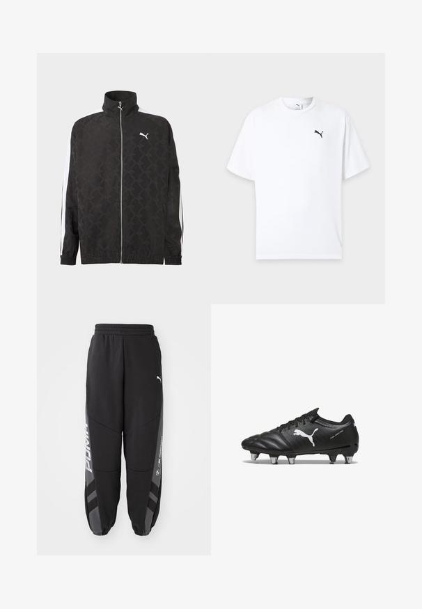 Chaqueta negra con cremallera completa y sutil patrón geométrico, logo blanco de Puma en el pecho y rayas blancas a lo largo de las mangas.; Camiseta blanca de manga corta con cuello redondo y un pequeño logo negro de Puma en el pecho izquierdo sobre un fondo claro.; Pantalones de chándal negros hechos de material suave. Con cinturilla elástica, piernas ajustadas, detalles en gris y logotipos blancos en los laterales.; Botas de fútbol negras con material texturizado, logo blanco de Puma, sistema de cierre con cordones y tacos de metal para mejorar la tracción. El diseño enfatiza el rendimiento y el soporte.