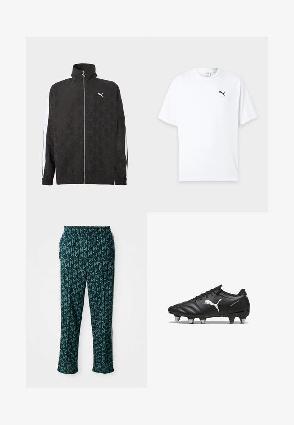 Sort fuld-zipjakke med subtilt geometrisk mønster, hvid Puma-logo på brystet og hvide striber ned ad ærmerne.; Hvid t-shirt med korte ærmer og rund hals med en lille sort Puma-logo på venstre bryst mod en lys baggrund.; Grønne mønstrede bukser med et gentaget logo-design, med elastisk talje og lige snit, præsenteret mod en neutral baggrund.; Sorte fodboldstøvler med tekstureret materiale, hvidt Puma-logo, snørebåndslukning og metalstifter for godt greb. Designet understreger ydeevne og støtte.