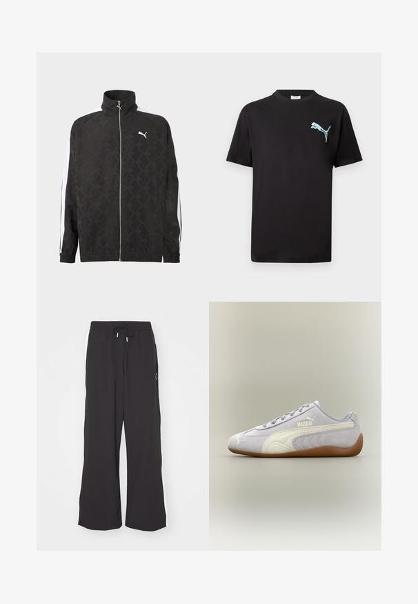 Sort fuld-zipjakke med subtilt geometrisk mønster, hvid Puma-logo på brystet og hvide striber ned ad ærmerne.; Sort T-shirt med korte ærmer og lille lyseblåt Puma-logo på venstre bryst mod hvid baggrund.; Sorte sweatpants med vid benvidde, elastisk talje og snor. Har hvide sidestriber og to sidelommer. Glat overflade.; Lys grå Puma ruskindssneaker med hvid stribedetalje og gummisål, set fra ydersiden mod en neutral baggrund.