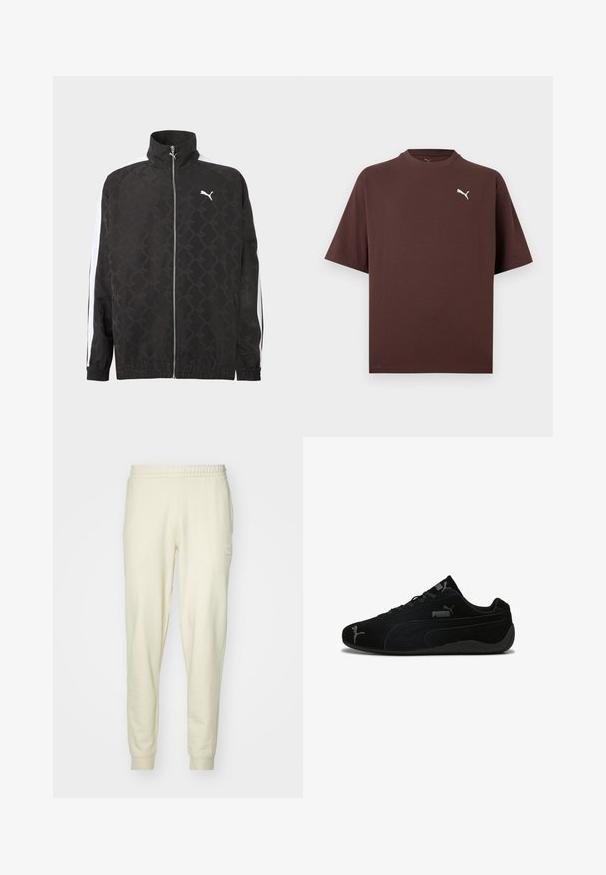 Chaqueta negra con cremallera completa y sutil patrón geométrico, logo blanco de Puma en el pecho y rayas blancas a lo largo de las mangas.; Camiseta marrón de manga corta con cuello redondo y pequeño logotipo blanco de Puma en el lado izquierdo del pecho sobre un fondo blanco.; Pantalones de chándal color crema hechos de una tela suave, con cintura elástica y puños. Presenta un pequeño emblema en la cadera izquierda.; Zapatillas deportivas de ante negro con un perfil bajo. Presentan un diseño texturizado, suela de goma negra y acentos del logo plateado de Puma.
