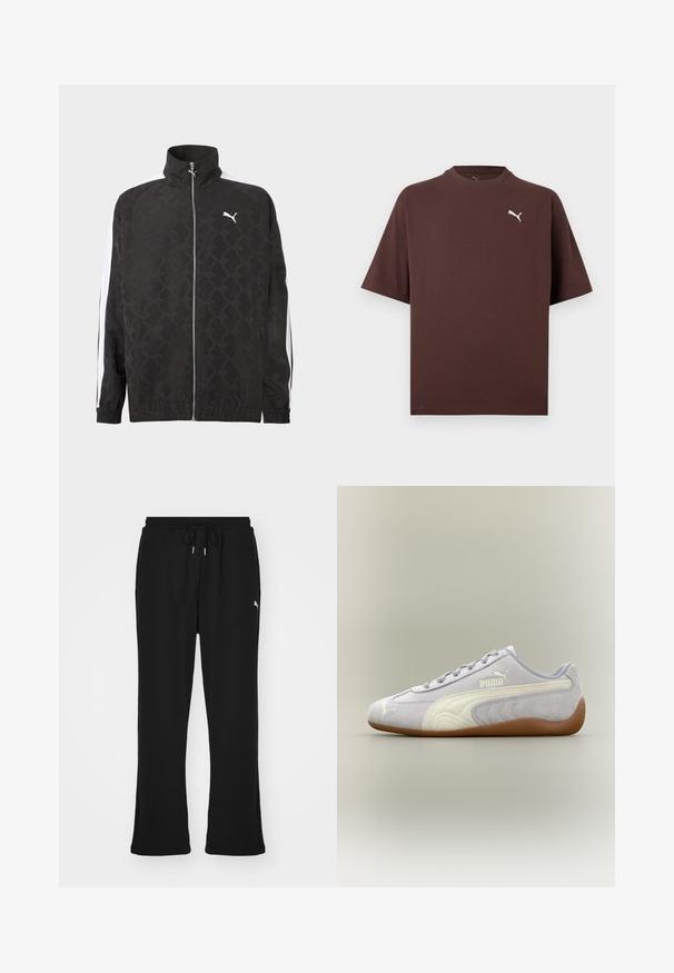 Sort fuld-zipjakke med subtilt geometrisk mønster, hvid Puma-logo på brystet og hvide striber ned ad ærmerne.; Brun T-shirt med korte ærmer og rund hals med lille hvid Puma-logo på venstre bryst mod en hvid baggrund.; Sorte sweatpants med elastisk talje og snor, med sidelommer og et diskret logo på venstre ben. Blødt stof, flagrende form.; Lys grå Puma ruskindssneaker med hvid stribedetalje og gummisål, set fra ydersiden mod en neutral baggrund.