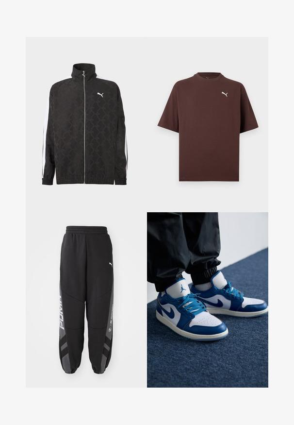 Chaqueta negra con cremallera completa y sutil patrón geométrico, logo blanco de Puma en el pecho y rayas blancas a lo largo de las mangas.; Camiseta marrón de manga corta con cuello redondo y pequeño logotipo blanco de Puma en el lado izquierdo del pecho sobre un fondo blanco.; Pantalones de chándal negros hechos de material suave. Con cinturilla elástica, piernas ajustadas, detalles en gris y logotipos blancos en los laterales.; Las zapatillas Nike Air Jordan cuentan con una base de cuero blanco con acentos sintéticos azules, una caja de dedos perforada y cordones azules.